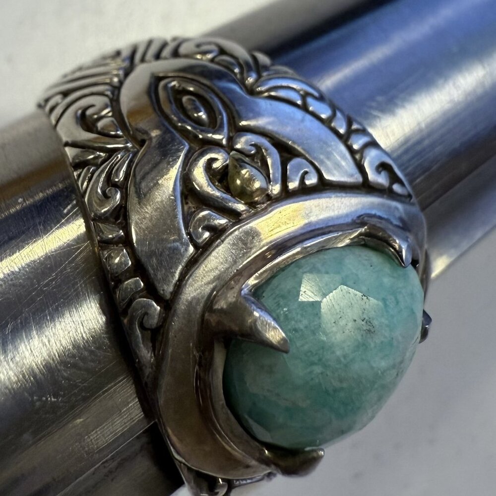 Sterling Silver Amazonite Faceted Ring Size 9.75 Ornate Bali Style Statement